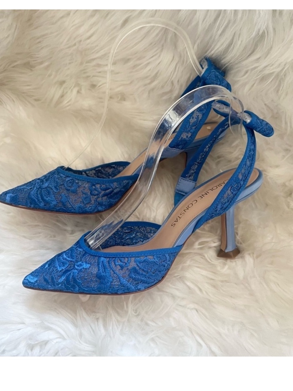 New! Caroline Constas Blue Lace Bow Slingback Pointed Toe Heels EU 37 Rare - Picture 4 of 10